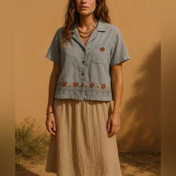 Vintage Tops - Vintage 90's Alfred Dunner Womens Floral Embroidered Button Shirt sz 16 Boho‎